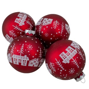 Northlight Snowy City Christmas Glass Ball Ornaments - 3.25" (80mm) - Red - 4ct - 1 of 4