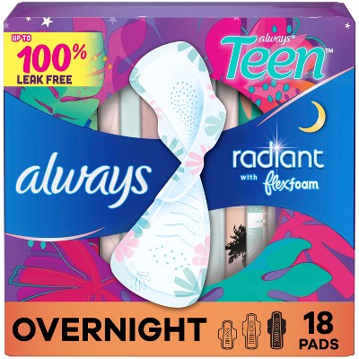 Always Radiant Teen Overnight Menstrual Pads - Size 4 - Unscented - 18ct