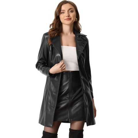 INSPIRE CHIC Women's Notched Lapel Collar Button Down Steampunk Faux Leather Coat with Belt Large Black