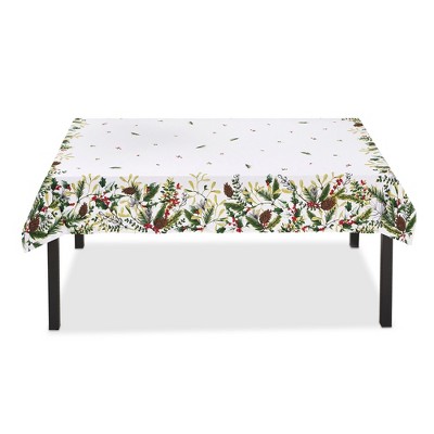 Winter Sprig White Cotton Tablecloth with Pinecone and Holly, 84"L x 60"W