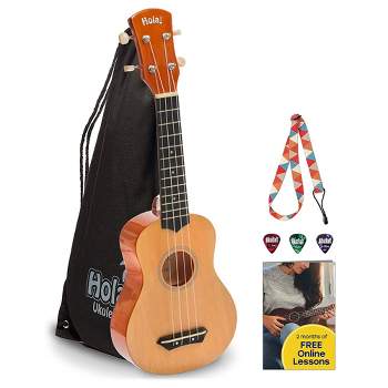 Hola! Music Color Series Soprano Ukelele Set for Beginners with Canvas Tote Bag, Strap with Hook, & Various Size Picks, Natural