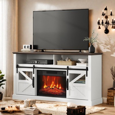 Homhougo Electric Fireplace TV Stand for 65 Inch TV，Farmhouse Entertainment Center with Storage Cabinets White