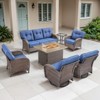 Belord Brown Wicker 7 Piece Patio Furniture Set with 5" Thick Cushions, 41" Propane Fire Pit Table Set with Swivel Glider Chairs and Club Chairs - 3 of 4