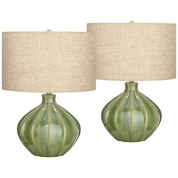 360 Lighting Gordy Modern Accent Table Lamps 20 1/2" High Set of 2 Ribbed Green Ceramic Oatmeal Fabric Drum Shade for Bedroom Living Room Nightstand
