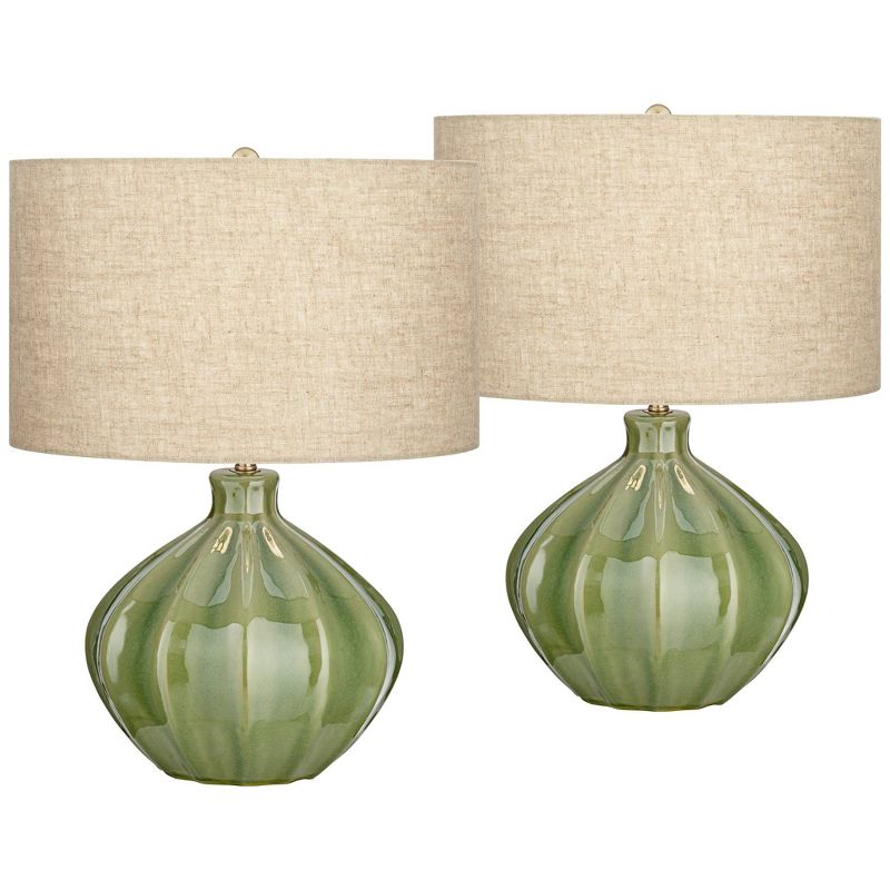 360 Lighting Gordy Modern Accent Table Lamps 20 1/2" High Set of 2 Ribbed Green Ceramic Oatmeal Fabric Drum Shade for Bedroom Living Room Nightstand, 1 of 10