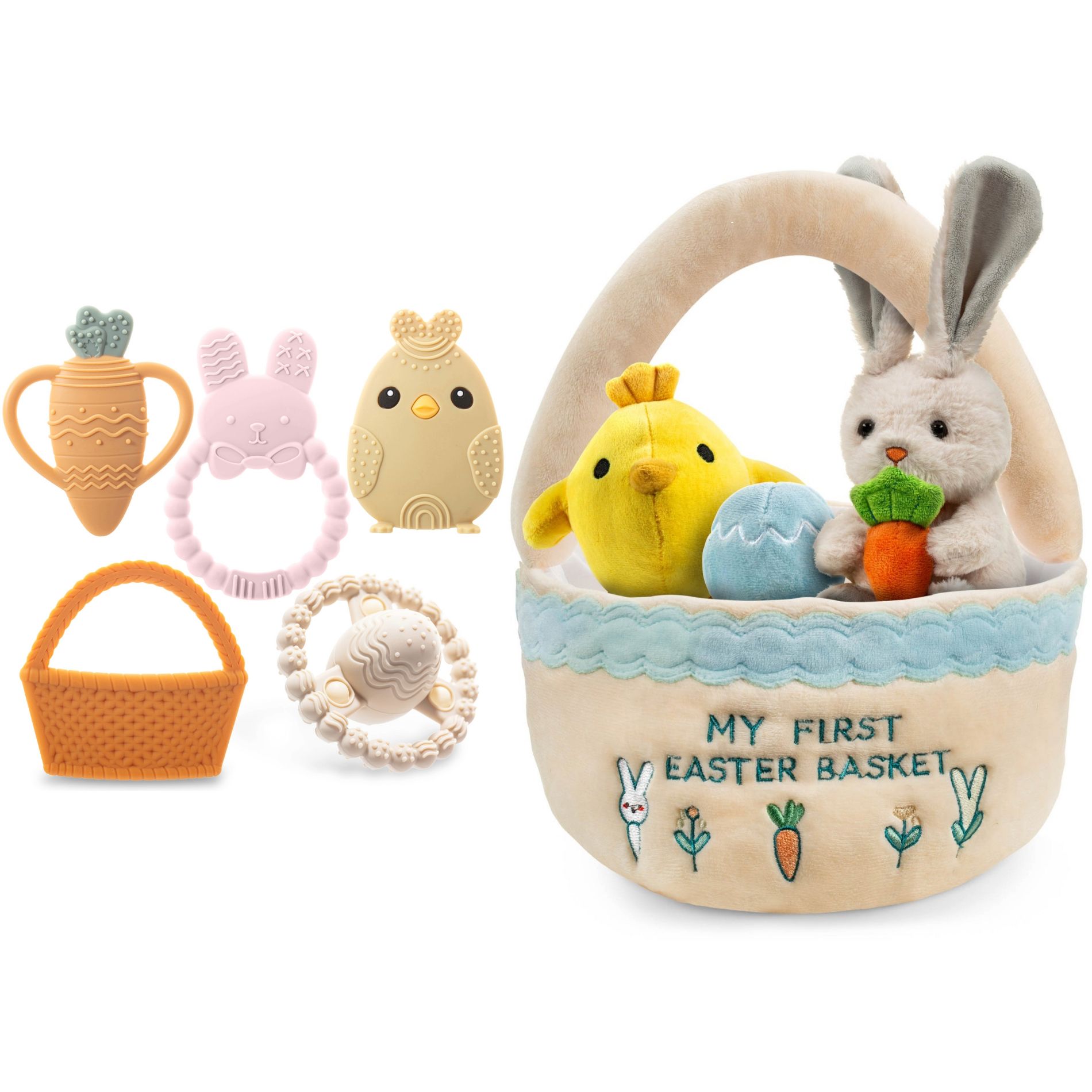 Easter Baby Plush and Teether Playset, Includes Bunny, Carrot, Chicken, Rattle Egg & Basket, Perfect Sensory and Decorative Gift for Babies & Newborns