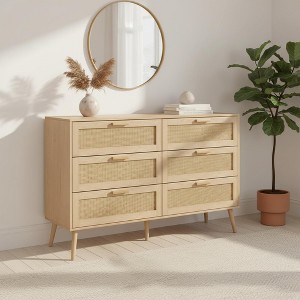 Homy Casa 6-Drawer Dresser with Rattan Fronts for Bedroom, Living Room or Entryway Storage, Natural Wood - 1 of 4