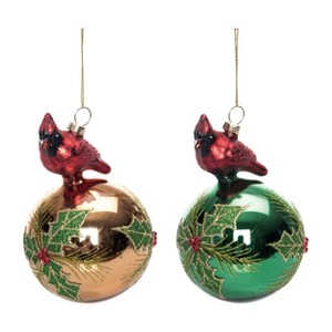 Transpac Glass Glitter Poinsettia Ornament with Perched Set of 2 Christmas Home Decorations - 1 of 1