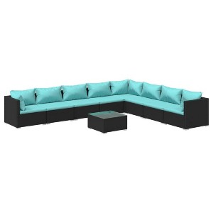 vidaXL 9-Piece Patio Lounge Set in Black Poly Rattan with Water Blue Cushions, Modular Design, Perfect for Outdoor Leisure and Entertainment - 1 of 4