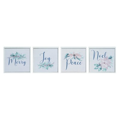 Transpac Wood 6 in. White Christmas Flower with Text Mini Canvas Decor Set of 4