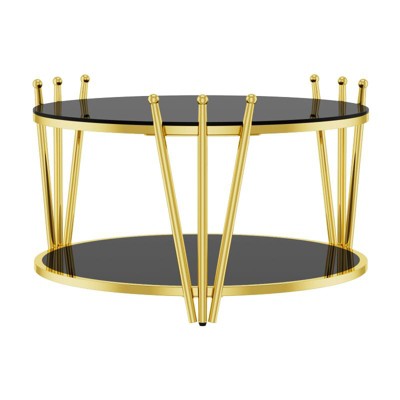 Yukimo 20" Round End Table, Gold Crown Design Stainless Steel Frame with 8mm Black Tempered Glass Top, Adjustable Feet