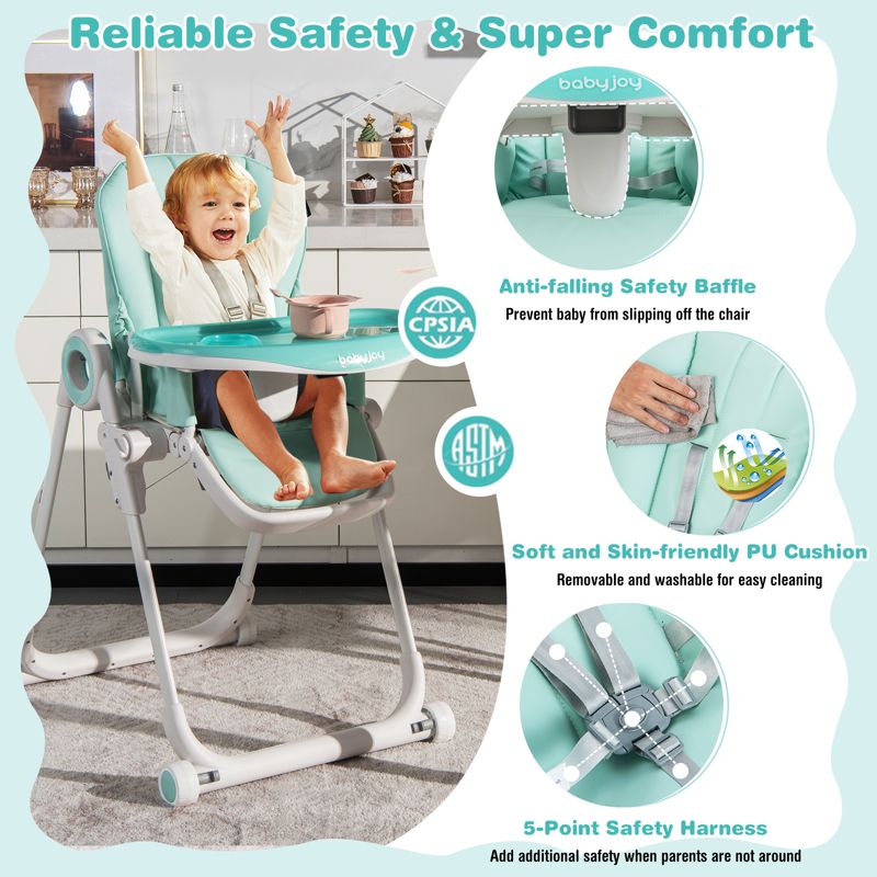 Infans Baby High Chair Foldable Feeding Chair w/ 4 Lockable Wheels Green, 3 of 8