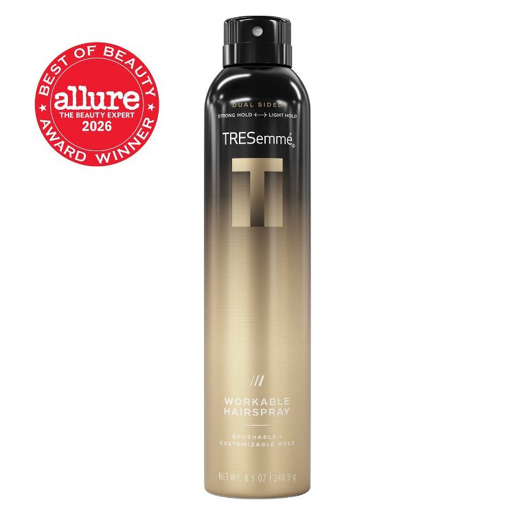 TRESemmé workable hairspray in a gold colored tall aerosol can labeled 'WORKABLE HAIRSPRAY' and 'NET WT. 8.5 OZ | 240.9 g' with a black colored cap and an Allure Best of Beauty 2026 badge beside it.