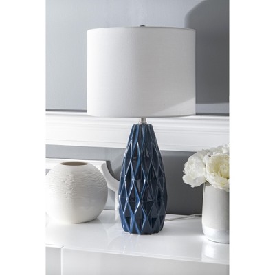 Navy Blue Ceramic Table Lamp with White Linen Shade