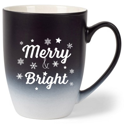 Elanze Designs Merry & Bright Two Toned Ombre Matte Black and White 12 ounce Ceramic Stoneware Coffee Cup Mug
