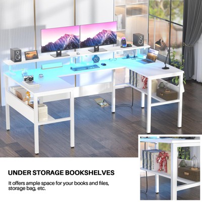Aheaplus Customizable L-shaped Flip Computer Desk, Home Office Desk with RGB Light Strip and Power Socket