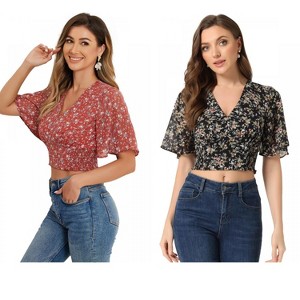 INSPIRE CHIC Women's Floral Flare Short Sleeve V Neck Summer Smocked Crop Tops 2 Packs - 1 of 4