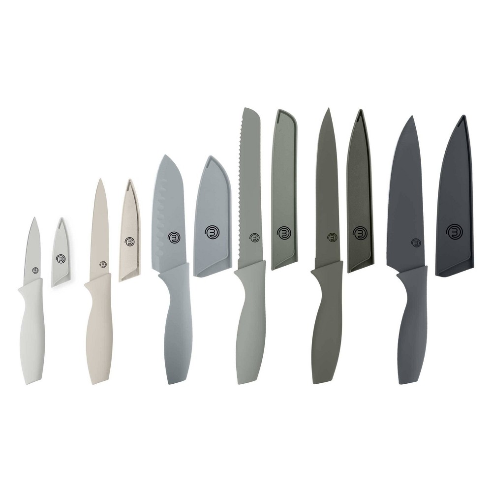 MasterChef 12pc Knife Set with Covers Sharp Nonstick Coated Knives Earth Gray Collection