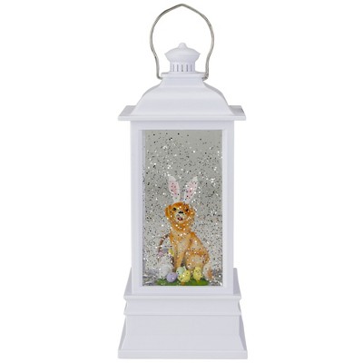 Raz Imports 9" White Dog with Bunny Ears Easter Lighted Glittering Snow Dome Lantern