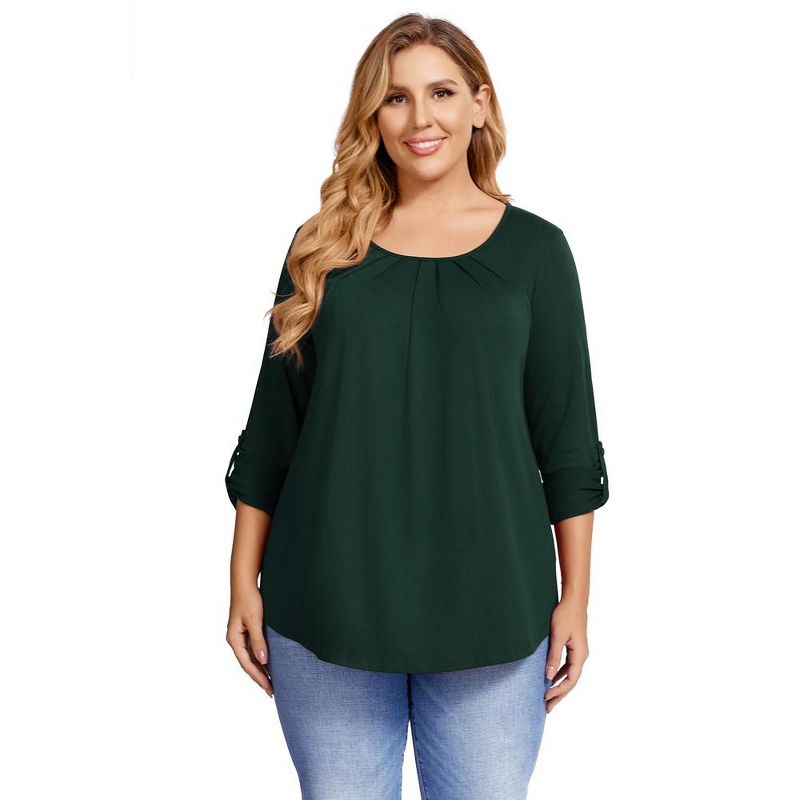 WhizMax Women Plus Size Pleated Flowy Top 3/4 Roll Sleeve Casual Loose Blouse Round Neck Tunic Shirt Long Sleeve, 3 of 8
