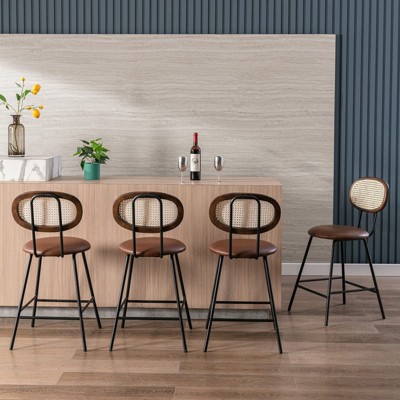 Kumasinova Set of 4 Leather Bar Stools with Woven Rattan Backs,Metal Counter Stools for Kitchen Island,Counter Height Bar Stools for Home Use,Brown