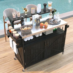 Kumasinova 53.3" Outdoor Kitchen Island on Wheels,Grill Cart with Raised Shelf&Stainless Steel Top,Rolling Cart with Internal Storage Rack for Patio - 1 of 4