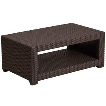 Merrick Lane Outdoor Furniture Coffee Table Chocolate Brown Faux Rattan Wicker Pattern All-Weather Patio Coffee Table With Shelving