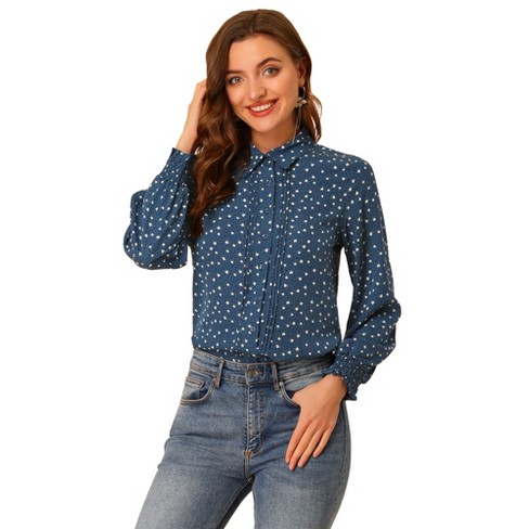 Allegra K Women's Point Collar Long Sleeve Button Down Floral Shirt  White-Blue Floral X-Large