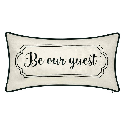 13"x25" Oversized Celebrations 'Be Our Guest' Embroidered Lumbar Throw Pillow Oyster/Black - Edie@Home