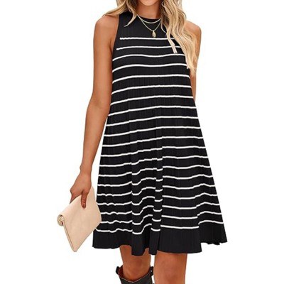 LEVEN SIXTEEN Crewneck Striped Knit Pleated Summer Dress - Large