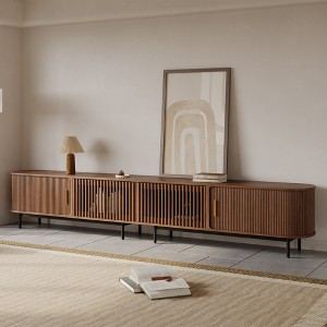 POVISON 118.11"Mid-Century Modern Tambour Door TV Stand, Walnut Color TV Console, Ash Rolling Door Media Console with legs - 1 of 4