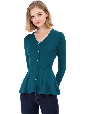 Allegra K Women's Slim Fit V-Neck Long Sleeve Ribbed Pullover Knitted Peplum Sweater