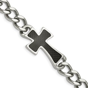 Black Bow Jewelry Men's Stainless Steel Carbon Fiber Cross Chain Bracelet, 8.5 Inch - 1 of 4