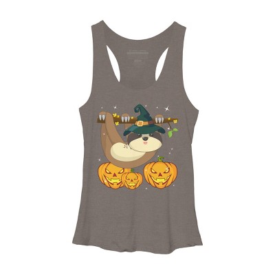 Women's Design By Humans Funny Witch Sloth With Jack O Lantern Halloween T-Shirt By thebeardstudio Racerback Tank Top