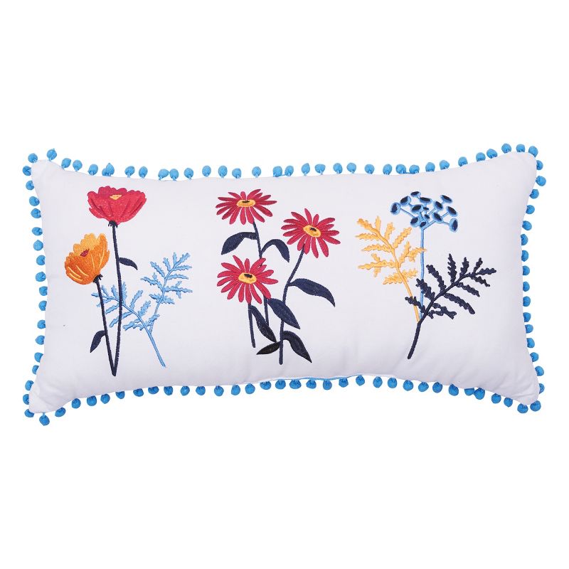 carol & frank 12"x24" Lola Boho Embroidered Floral Cotton Decor Throw Pillow with Pom Pom Edges, 1 of 10