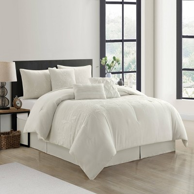 Queen Beige Microfiber 7-Piece Comforter Set with Floral Embroidery