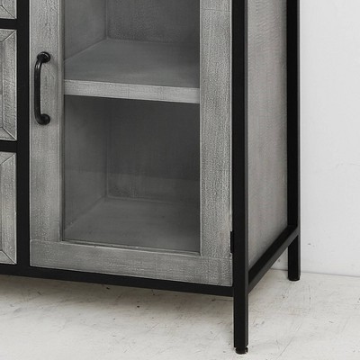 Gray Wood and Metal Cabinet with Glass Doors and Drawers