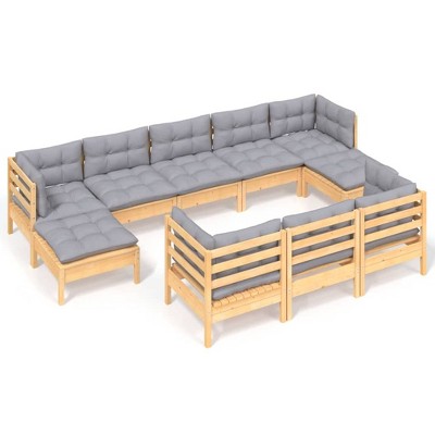 vidaXL Solid Pinewood Patio Lounge Set 10 Piece with Cushions Multi Colors - Brown and Gray