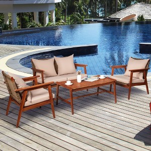 Costway 4PCS Patio Rattan Furniture Set Acacia Wood Frame Cushioned Sofa Chair Garden - 1 of 4
