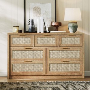 7 Drawer Dresser for Bedroom, Rattan Chest of Drawers with Handles, 52"W Closet Dresser Organizer, Entryway Console Table for Bedroom - 1 of 4