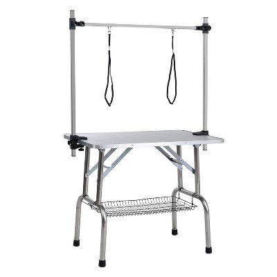 DOMETOUR 36'' Folding Dog Grooming Table, Stainless Steel Frame, Rubber Mat, Adjustable Arm & Clamps, Silver-Gray