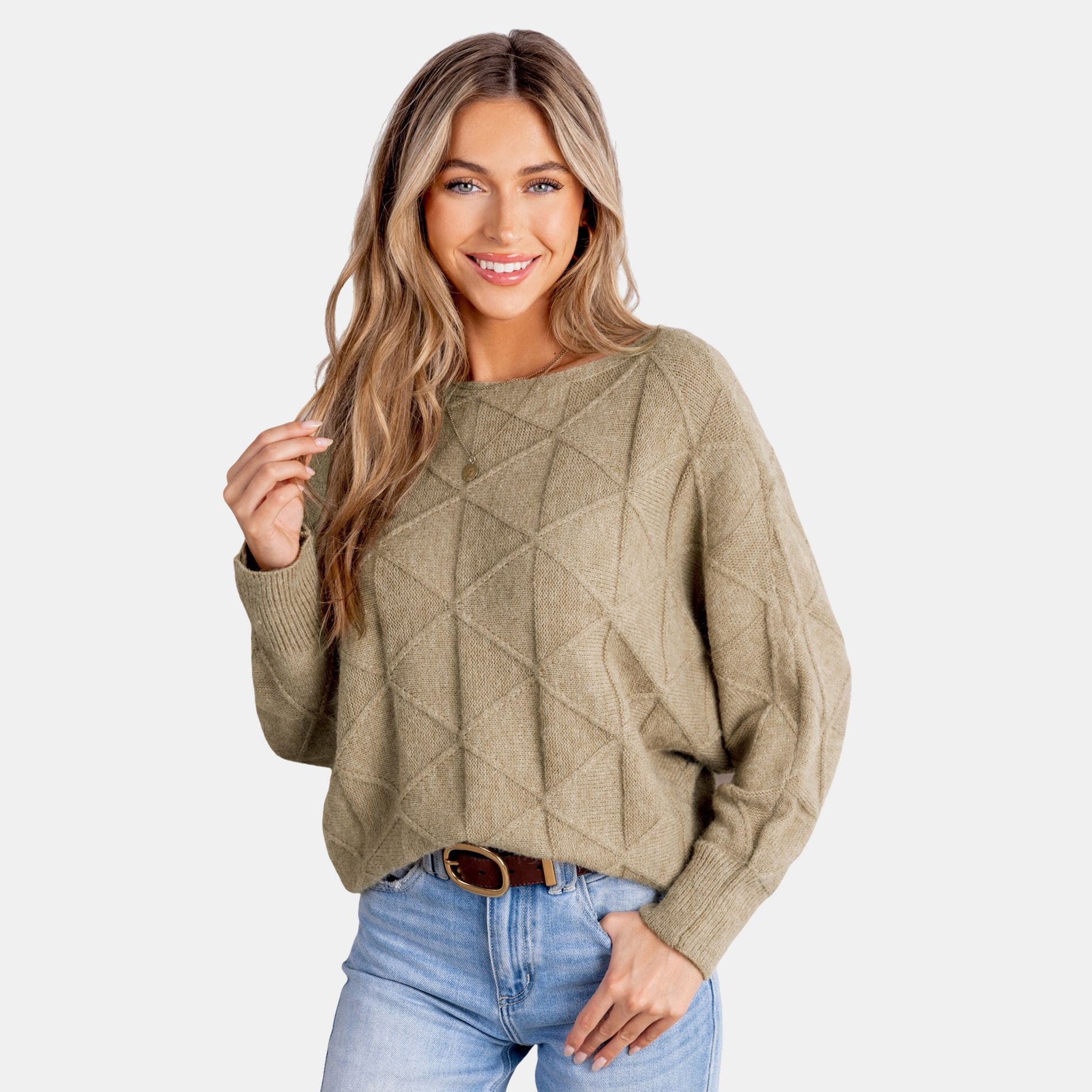 Women's Khaki Boat Neck Long Sleeve Sweater - Cupshe-M-Brown