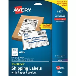 Avery Shipping LabelsInkjetw/ Receipt5-1/16"x7-5/8" 25/PKWE 8127