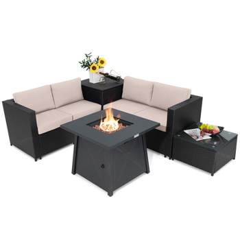 Tangkula 5-Piece Outdoor Patio Furniture Set with 50,000 BTU Propane Fire Pit Table Patio Conversation Set w/ Cushions, Storage Box, Coffee Table