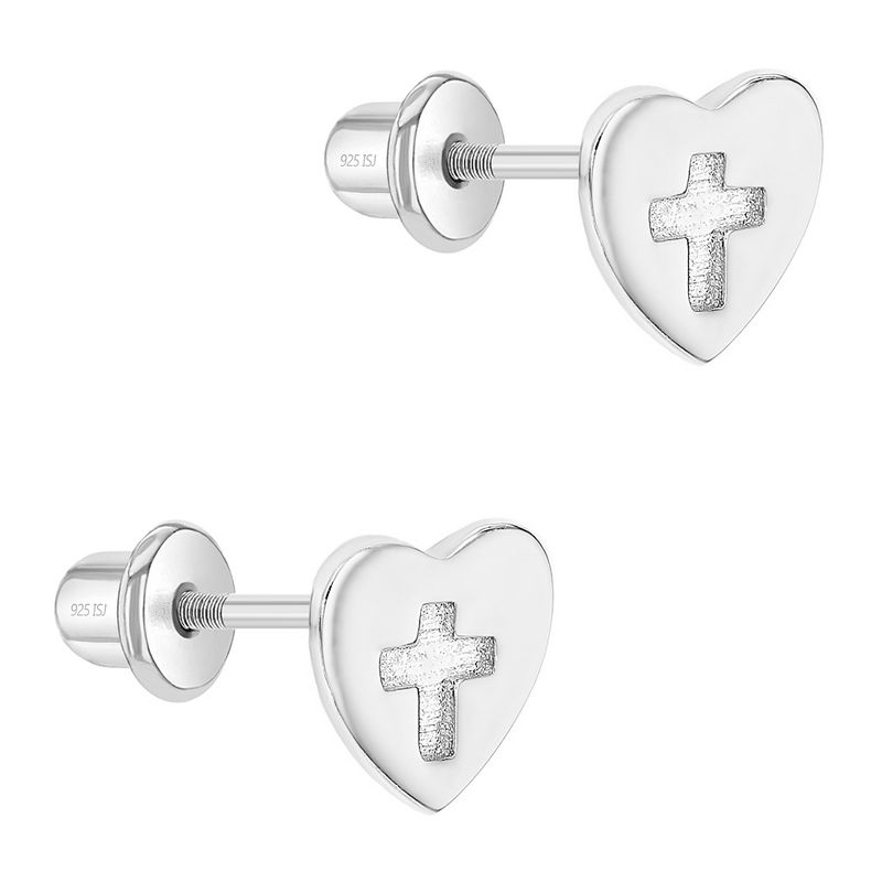 Girls' Heart & Cross Screw Back Sterling Silver Earrings - In Season Jewelry, 2 of 6