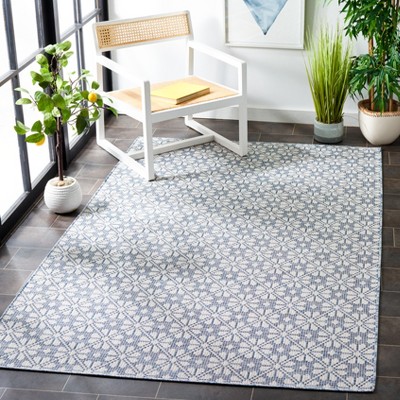 Navy and Ivory Geometric Synthetic Square Rug