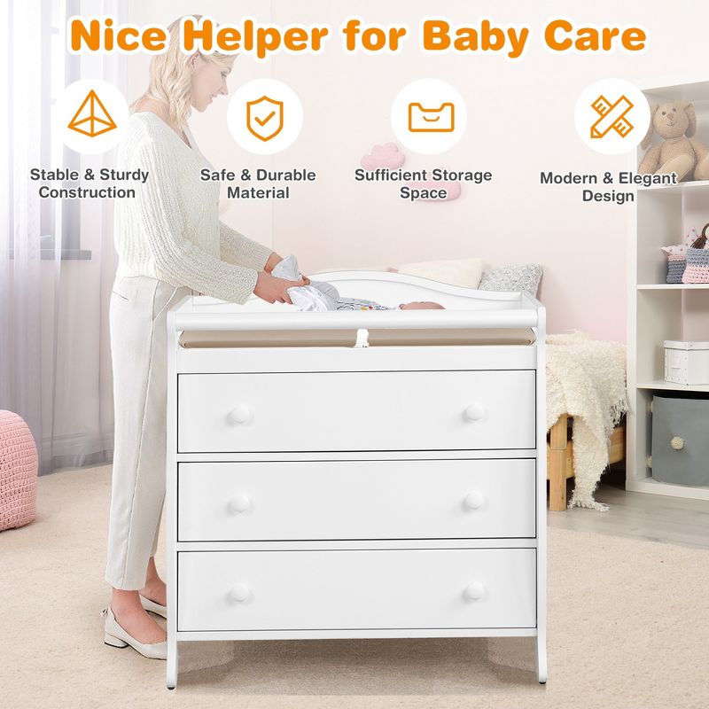 Costway 3 Drawer Baby Changing Table Infant Diaper Changing Station Wood with Safety Belt Brown/Grey/White, 4 of 10