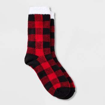 Women's Buffalo Check Plaid Double Lined Cozy Crew Socks - A New Day™ Red/Black 4-10