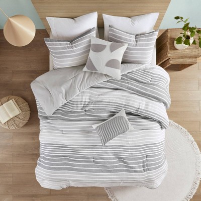 Full/Queen Evan 5pc Woven Stripe Cotton Gauze Comforter Set Gray