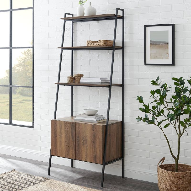 72" Open Shelf and Closed Storage Cabinet Ladder Bookcase - Saracina Home, 3 of 15
